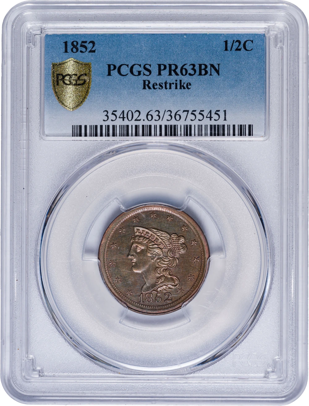 PCGS Proof-63 BN Restrike 1852 Half Cent