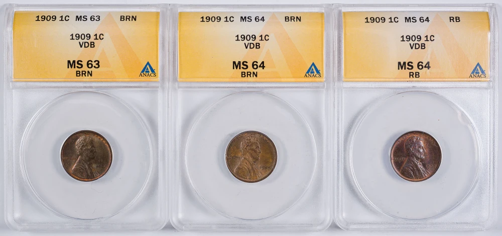 3 Pcs ANACS Certified 1909-VDB Lincoln Cents