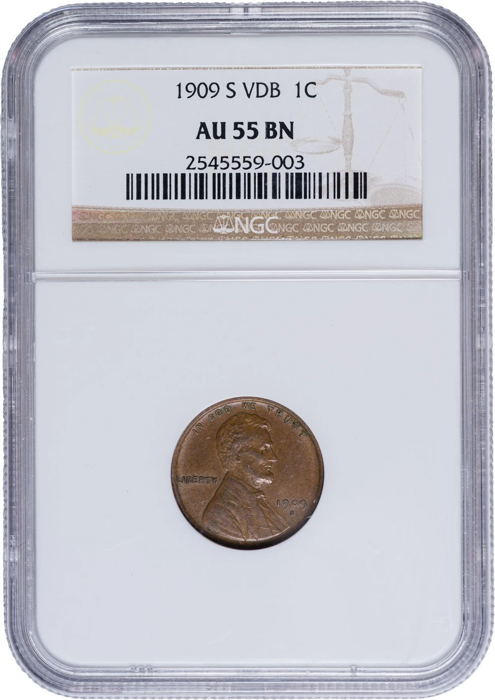 NGC AU-55 1909-S V.D.B. Lincoln Cent