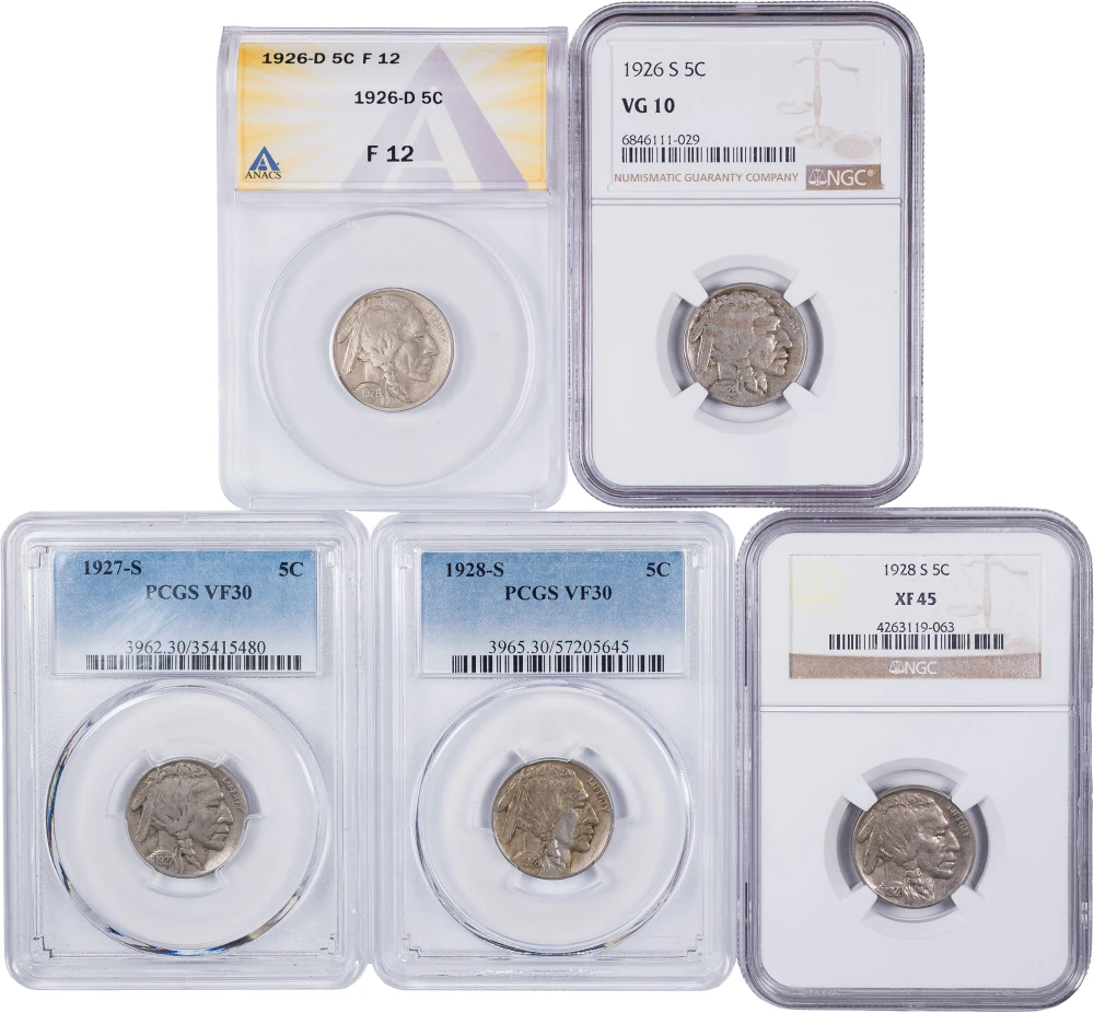 5 Certified Buffalo Nickels