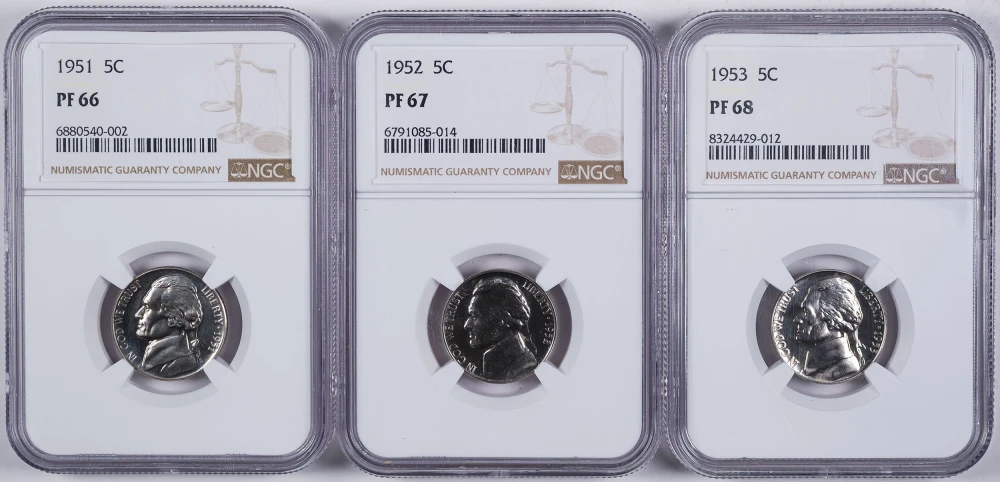 3 NGC High Grade Proof 1950's Jefferson Nickels