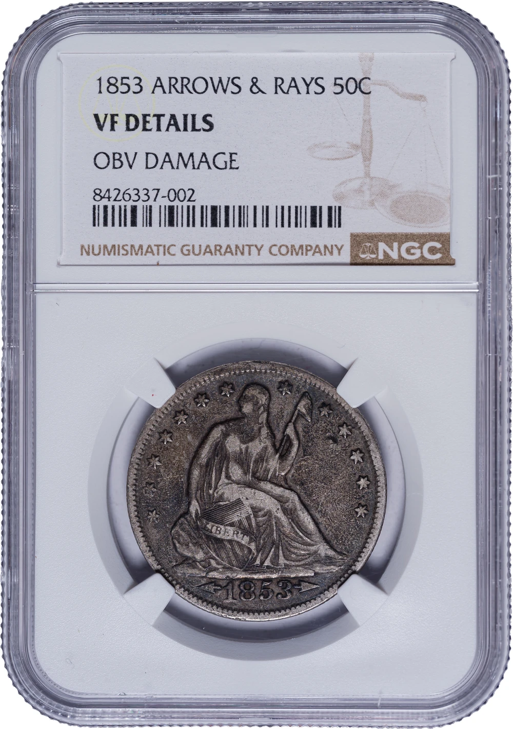 NGC VF Details 1853 Arrows & Rays Half Dollar