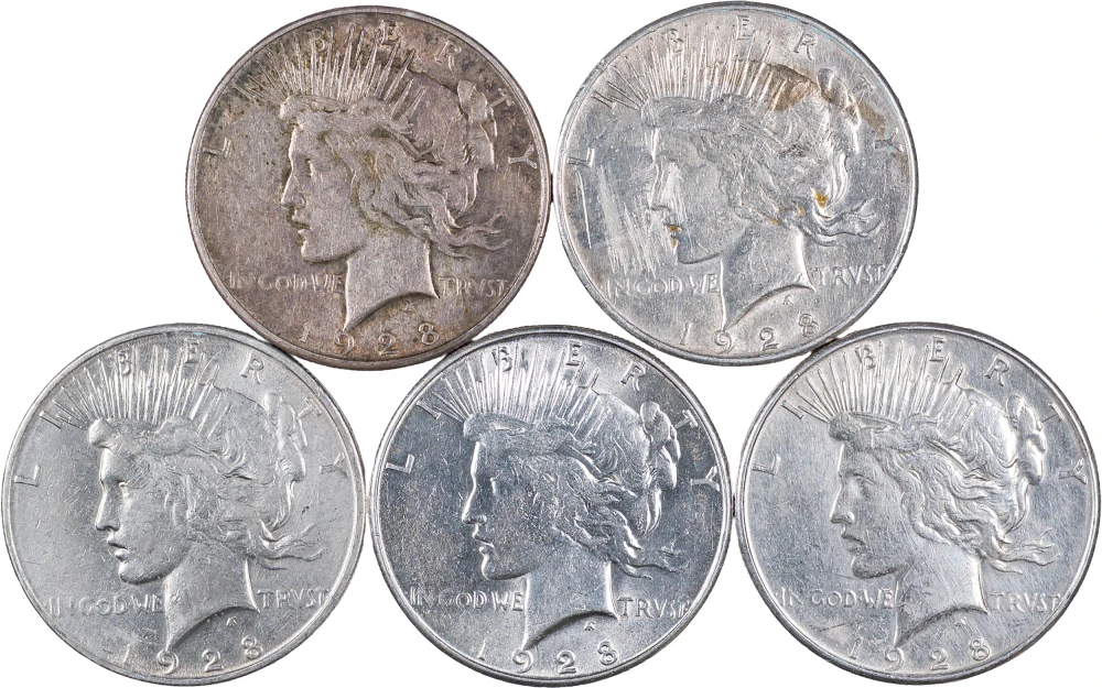 5 Pcs 1928-S Peace Dollars