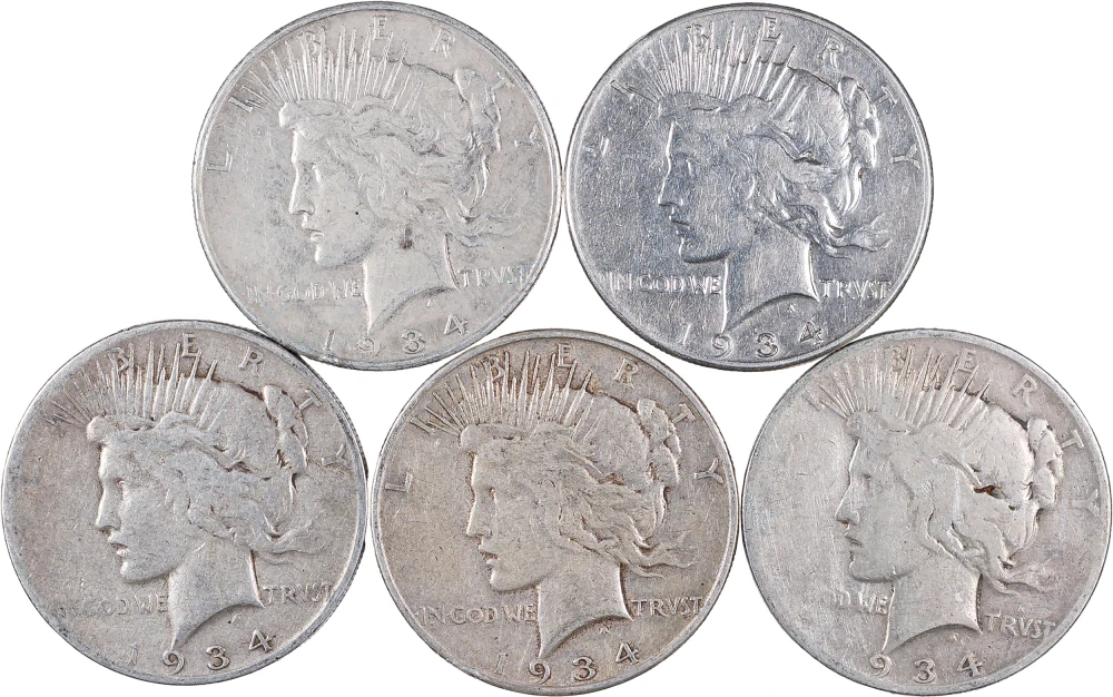 5 Pcs 1934-S Peace Dollars