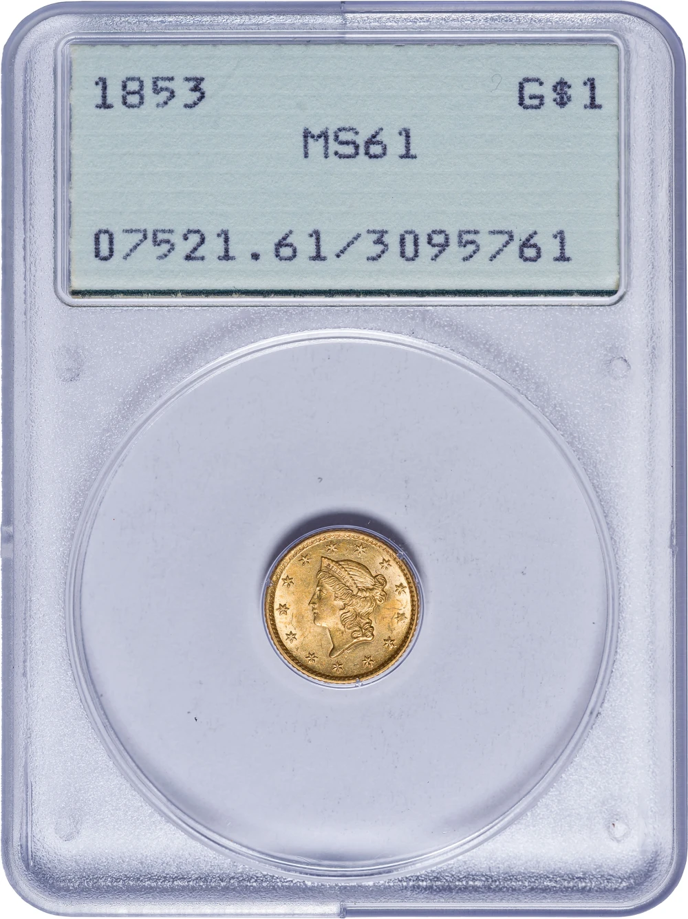 PCGS MS-61 Rattler 1853 $1 Gold