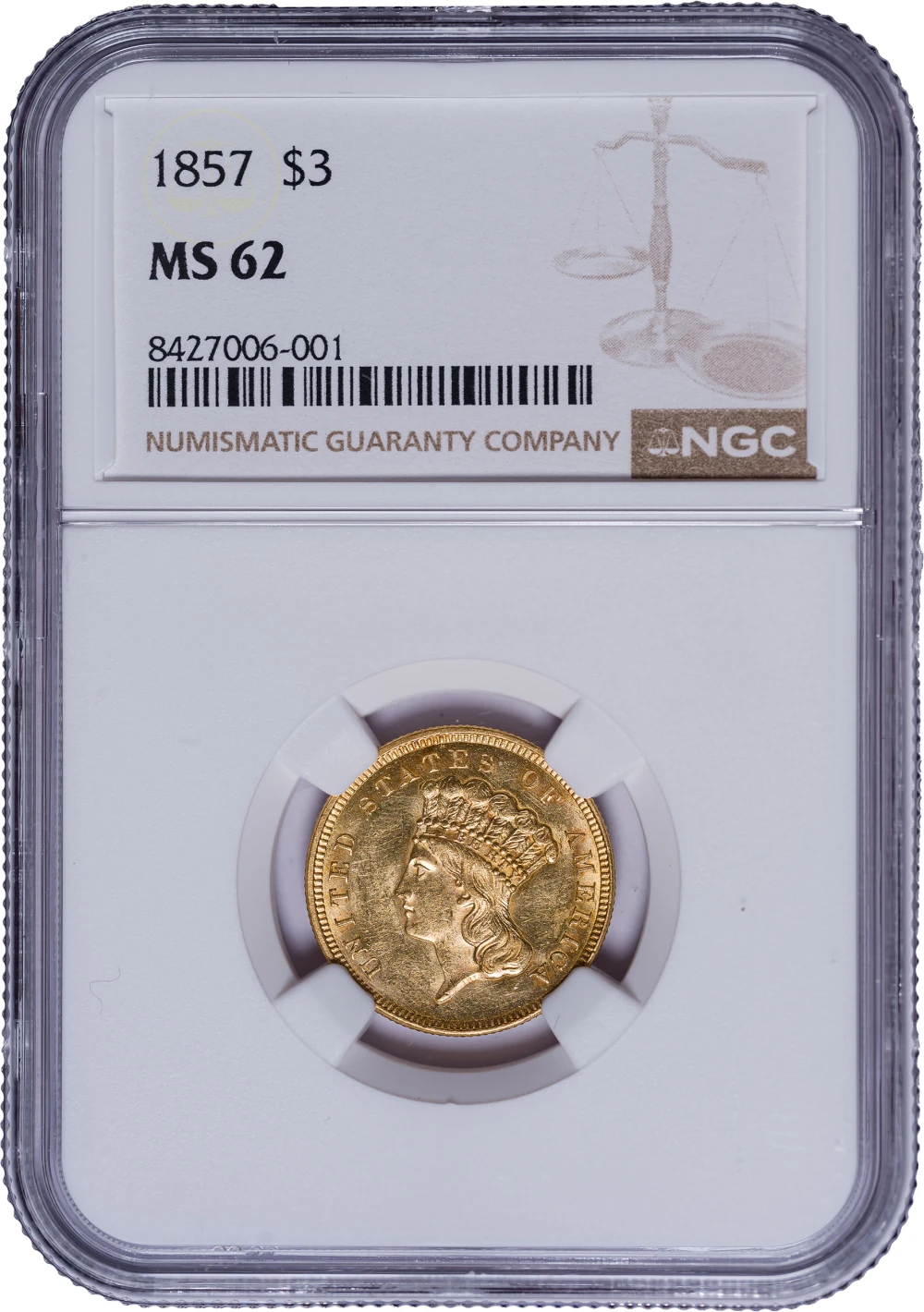NGC MS-62 1857 $3 Gold