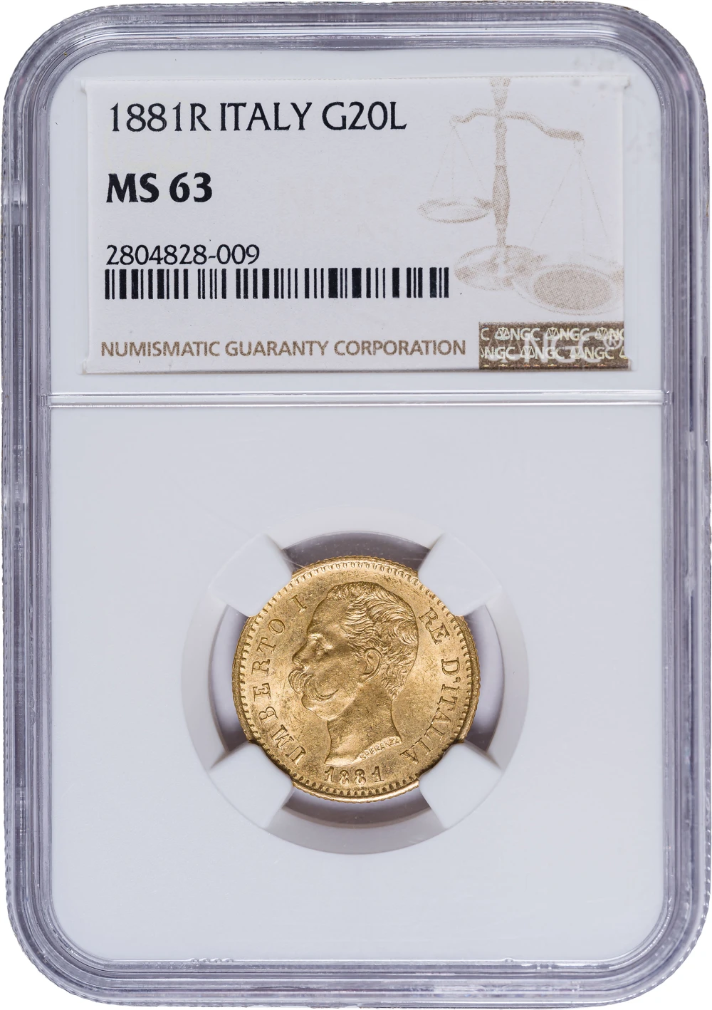 Italy. NGC MS-63 1881-R 20 Lire Gold