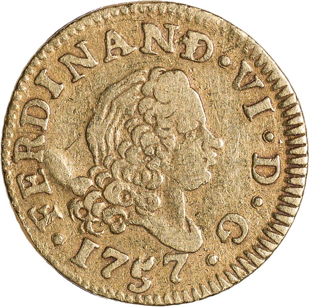 Spain. VF 1757 JB 1/2 Escudo Gold