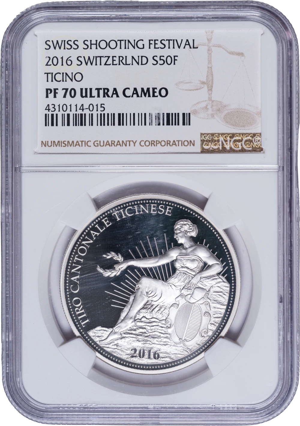 Switzerland. Ticino. NGC Proof-70 UC 50 Francs