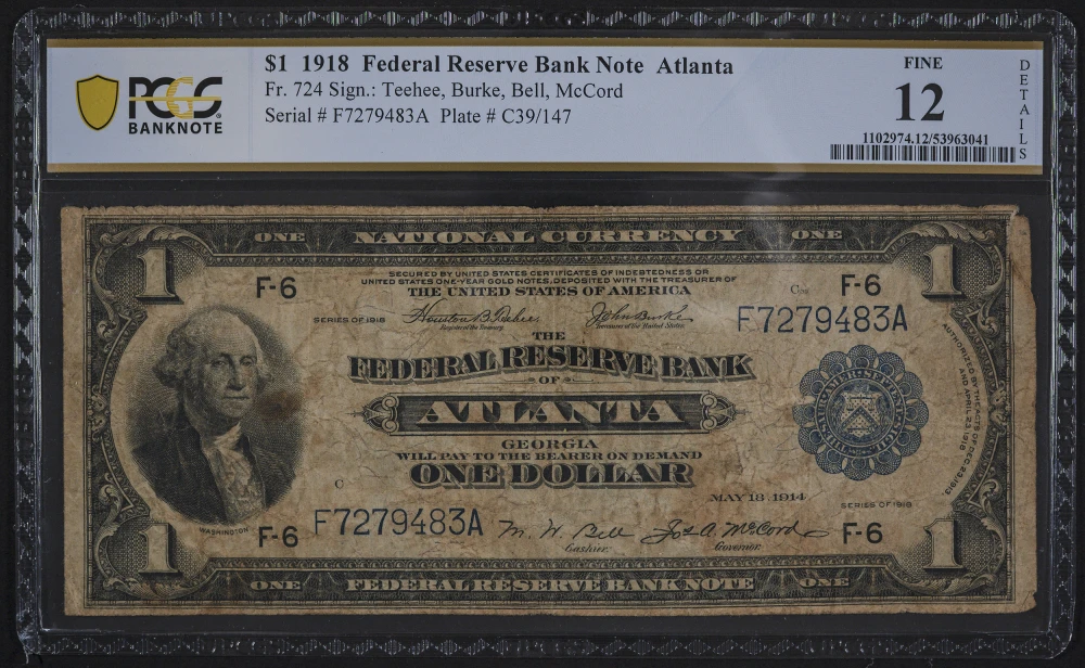 PCGS F-12 Details 1918 $1 Federal Reserve Note