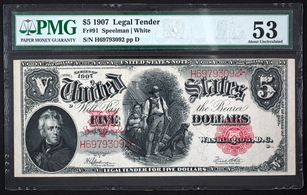 PMG AU-53 1907 $5 Woodchopper Note