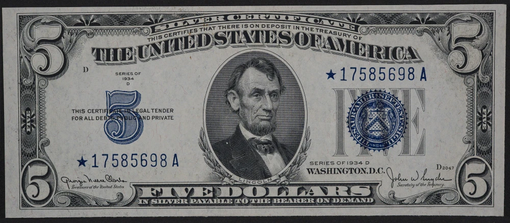 Nice AU 1934-D $5 Star Silver Certificate