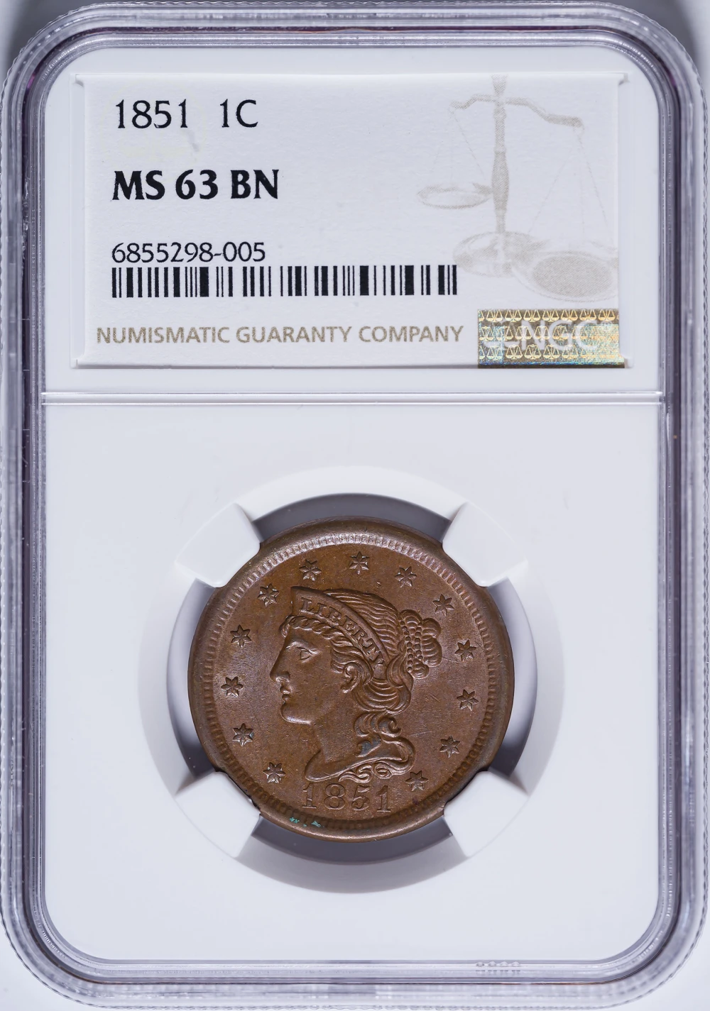 NGC MS-63 BN 1851 Large Cent