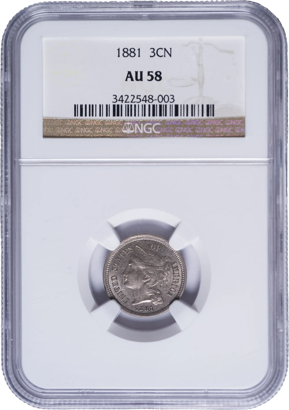 NGC AU-58 1881 3 Cent Nickel