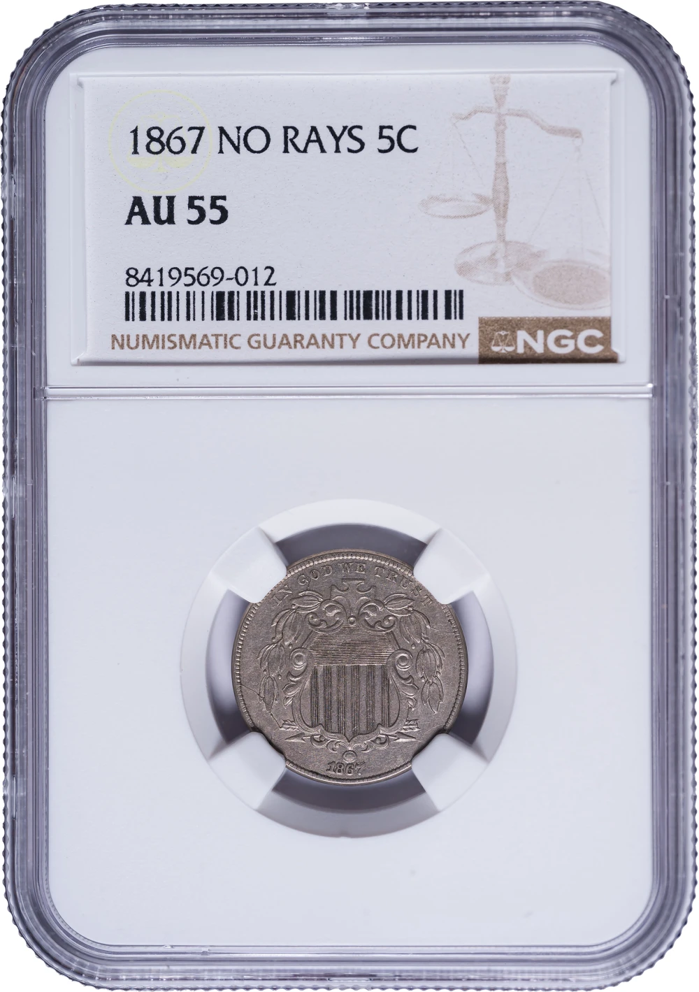 NGC AU-55 1867 No Rays Shield Nickel