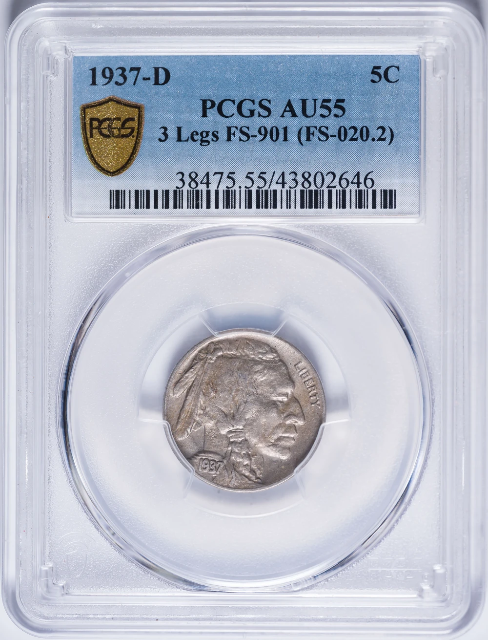 PCGS AU-55 1937-D 3 Leg Buffalo Nickel