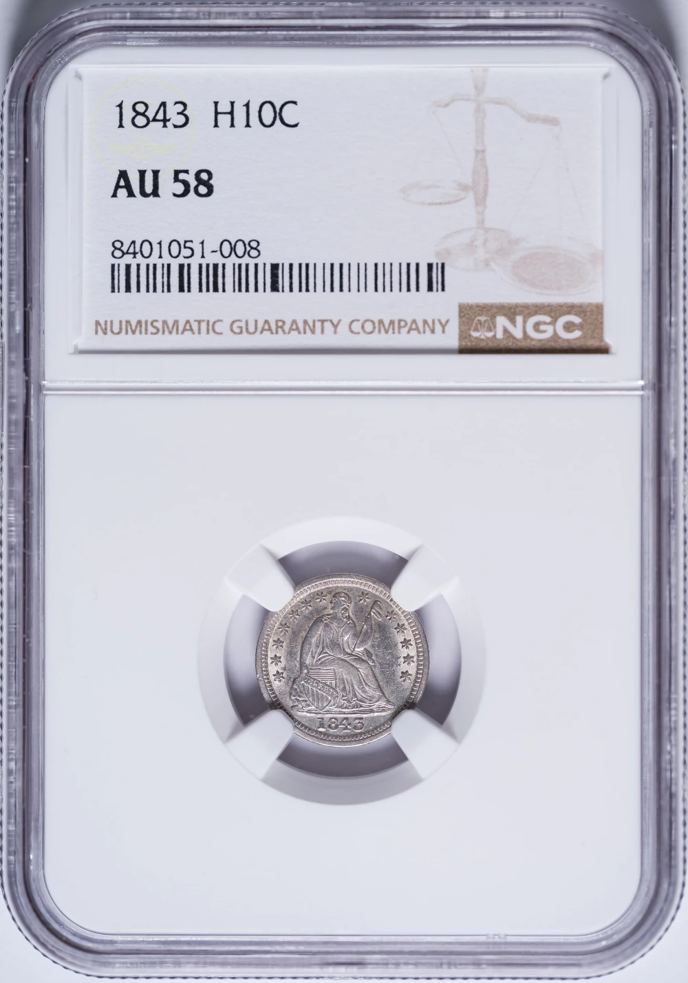NGC AU-58 1843 Seated Half Dime