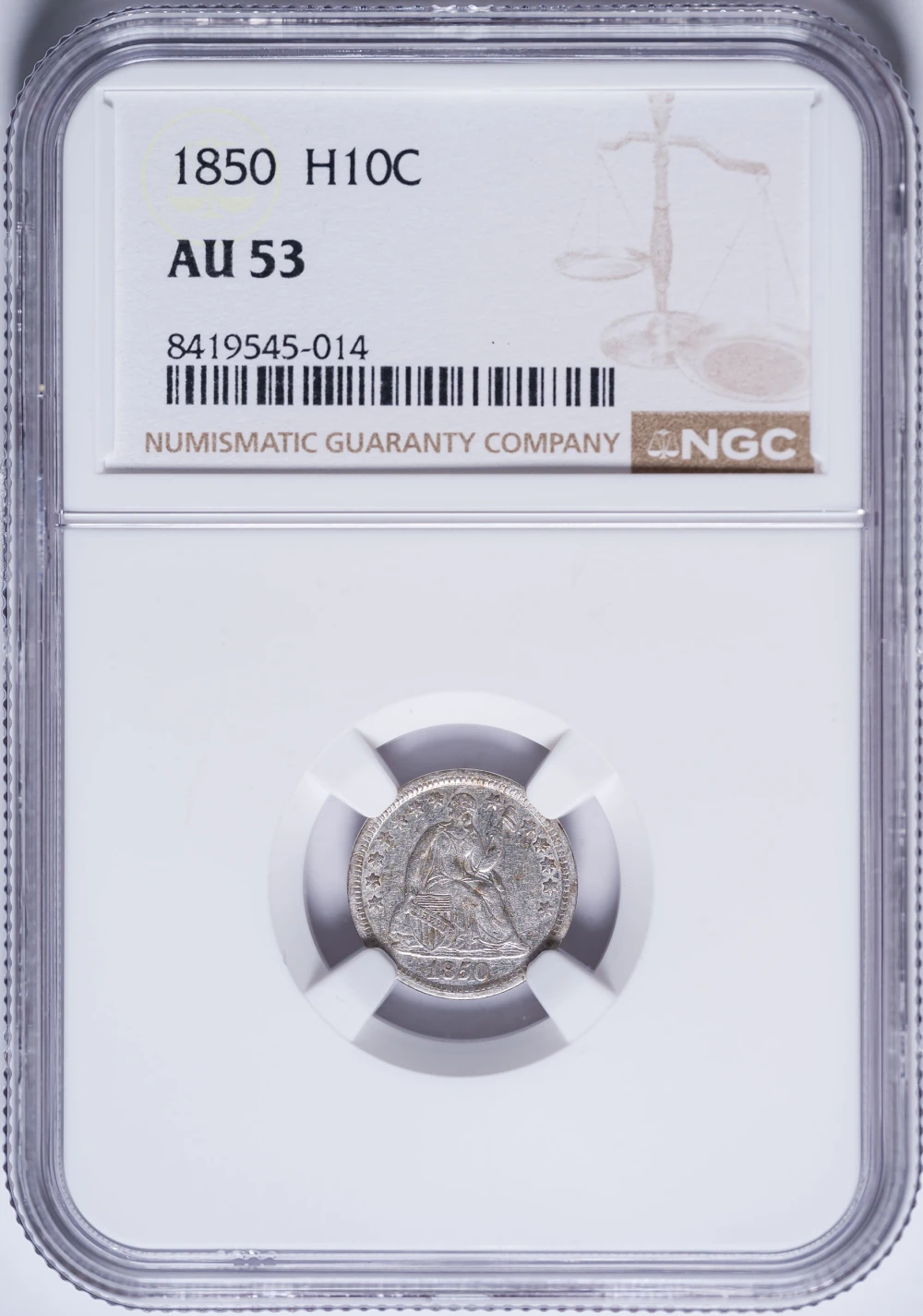 NGC AU-50 1850 Seated Half Dime