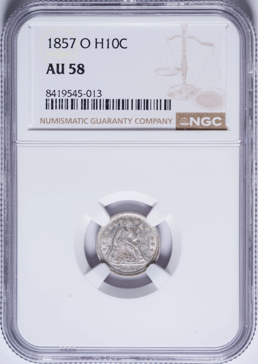 NGC AU-58 1857-O Seated Half Dime
