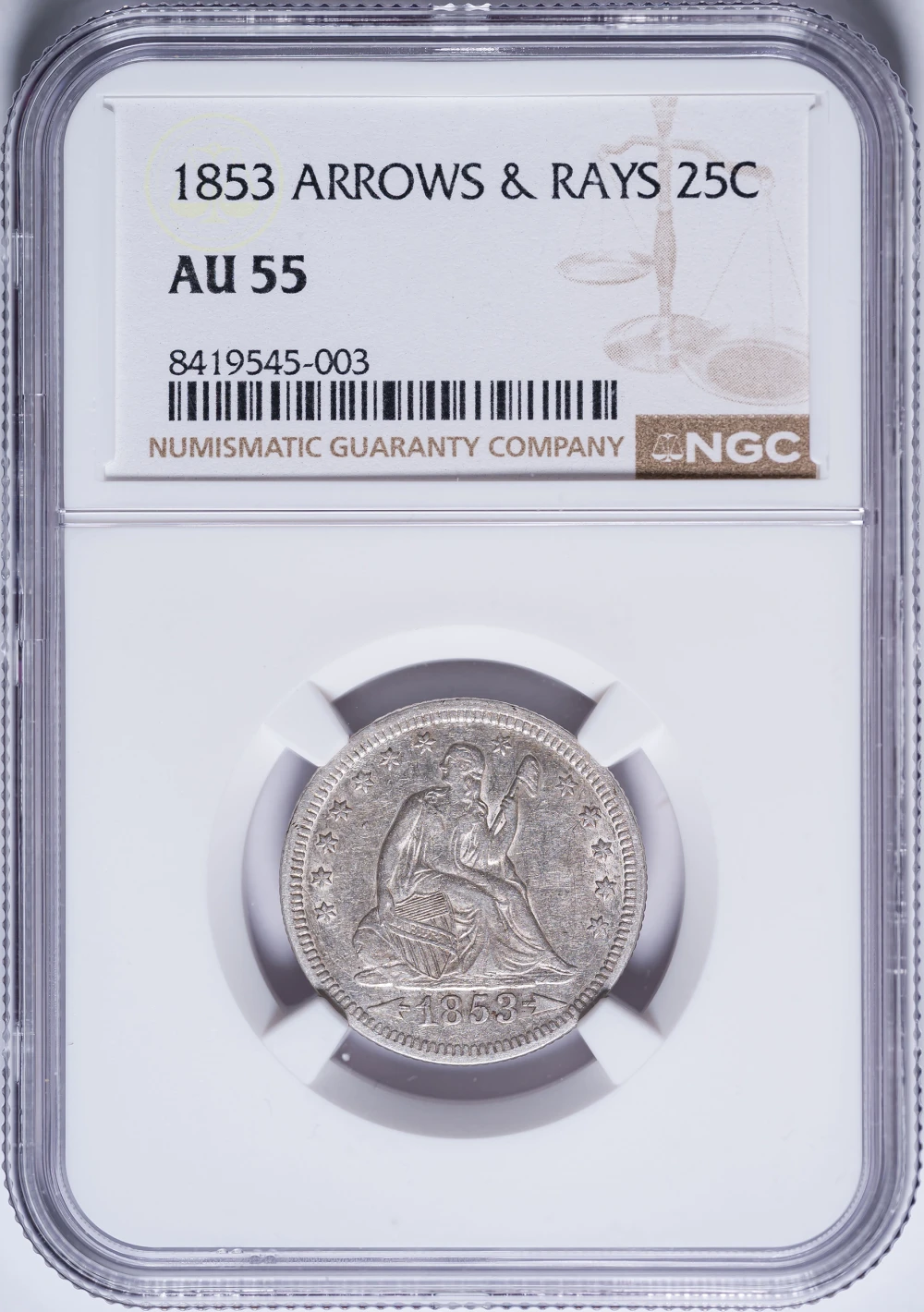 NGC AU-55 1853 Arrows & Rays Seated Quarter