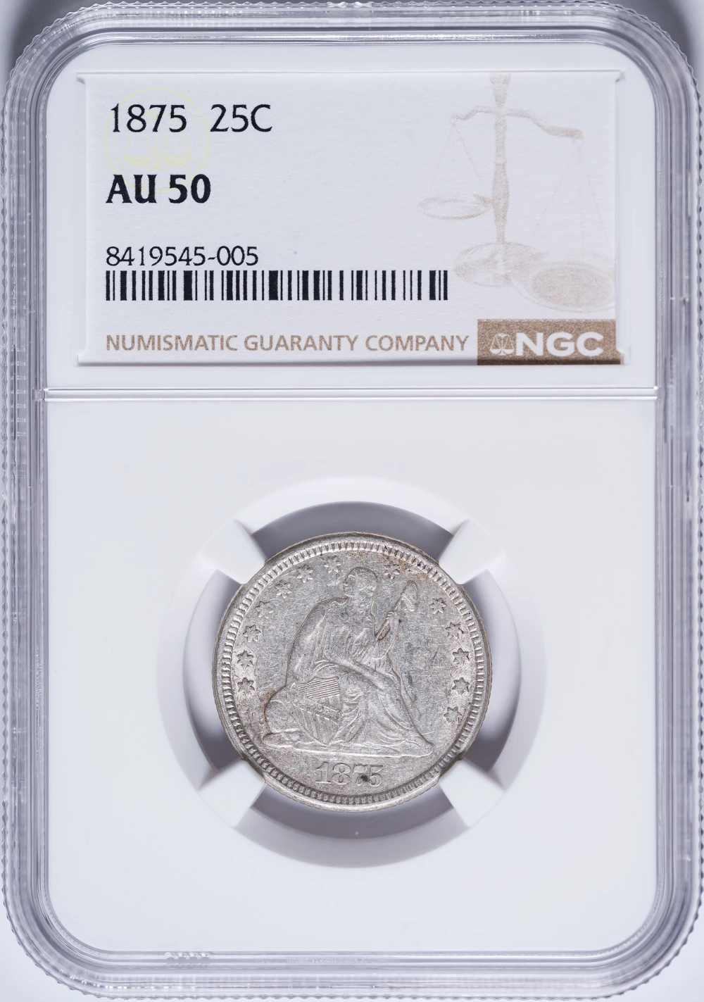 NGC AU-50 1875 Seated Quarter