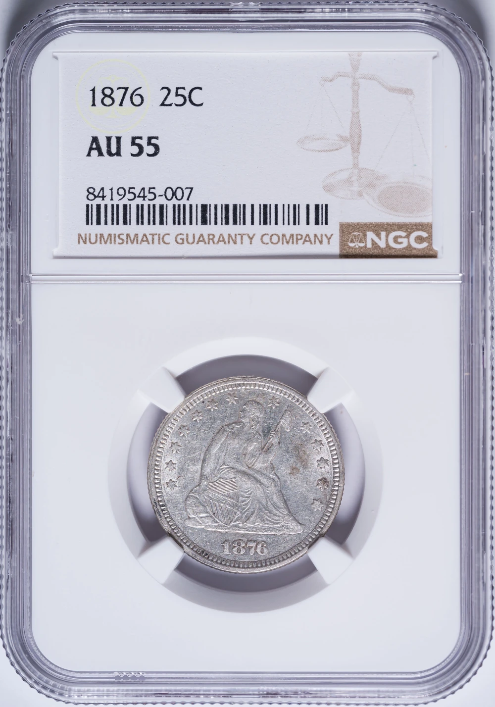 NGC AU-55 1876 Seated Quarter