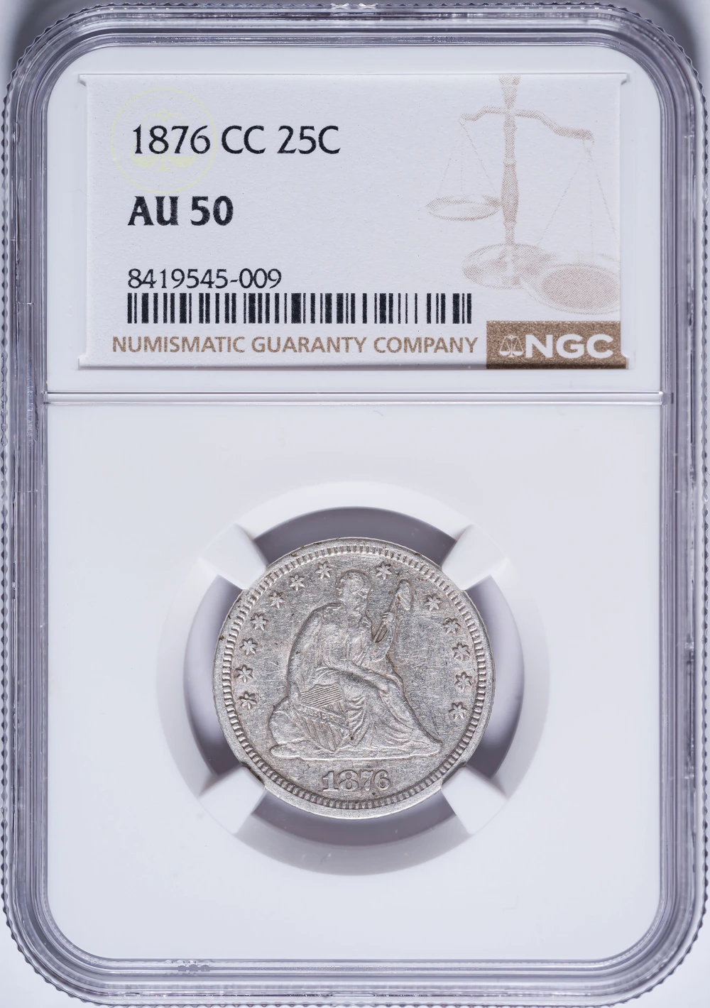 NGC AU-50 1876-CC Seated Quarter