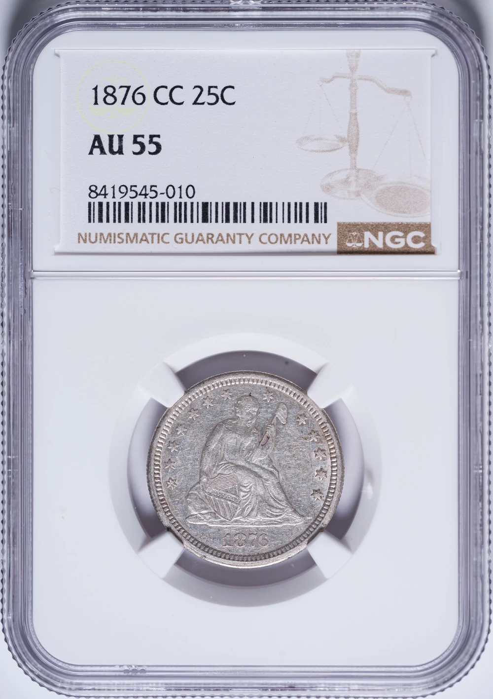 NGC AU-55 1876-CC Seated Quarter