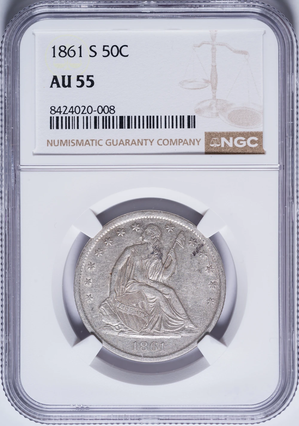 NGC AU-55 1861-S Seated Half Dollar