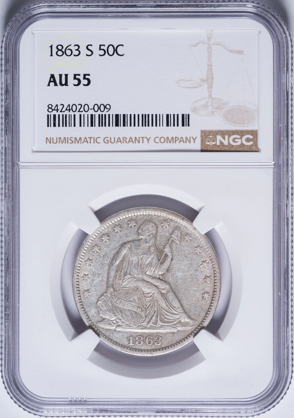 NGC AU-55 1863-S Seated Half Dollar