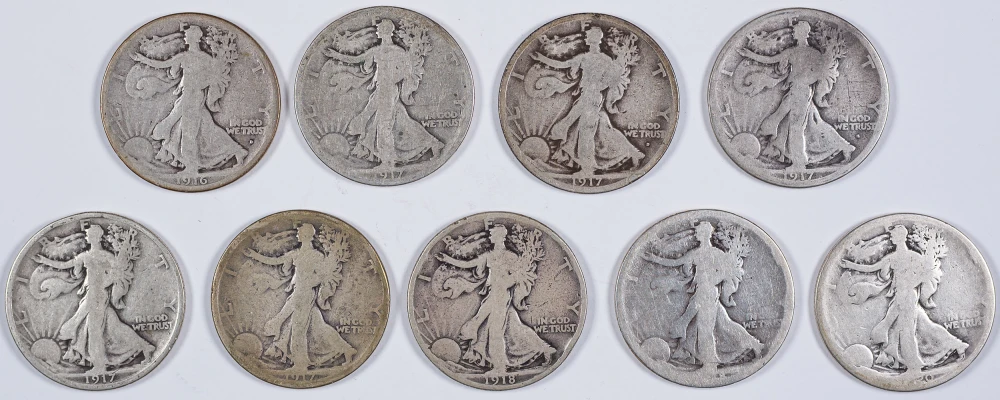 9 Piece Early Walking Liberty Half Lot