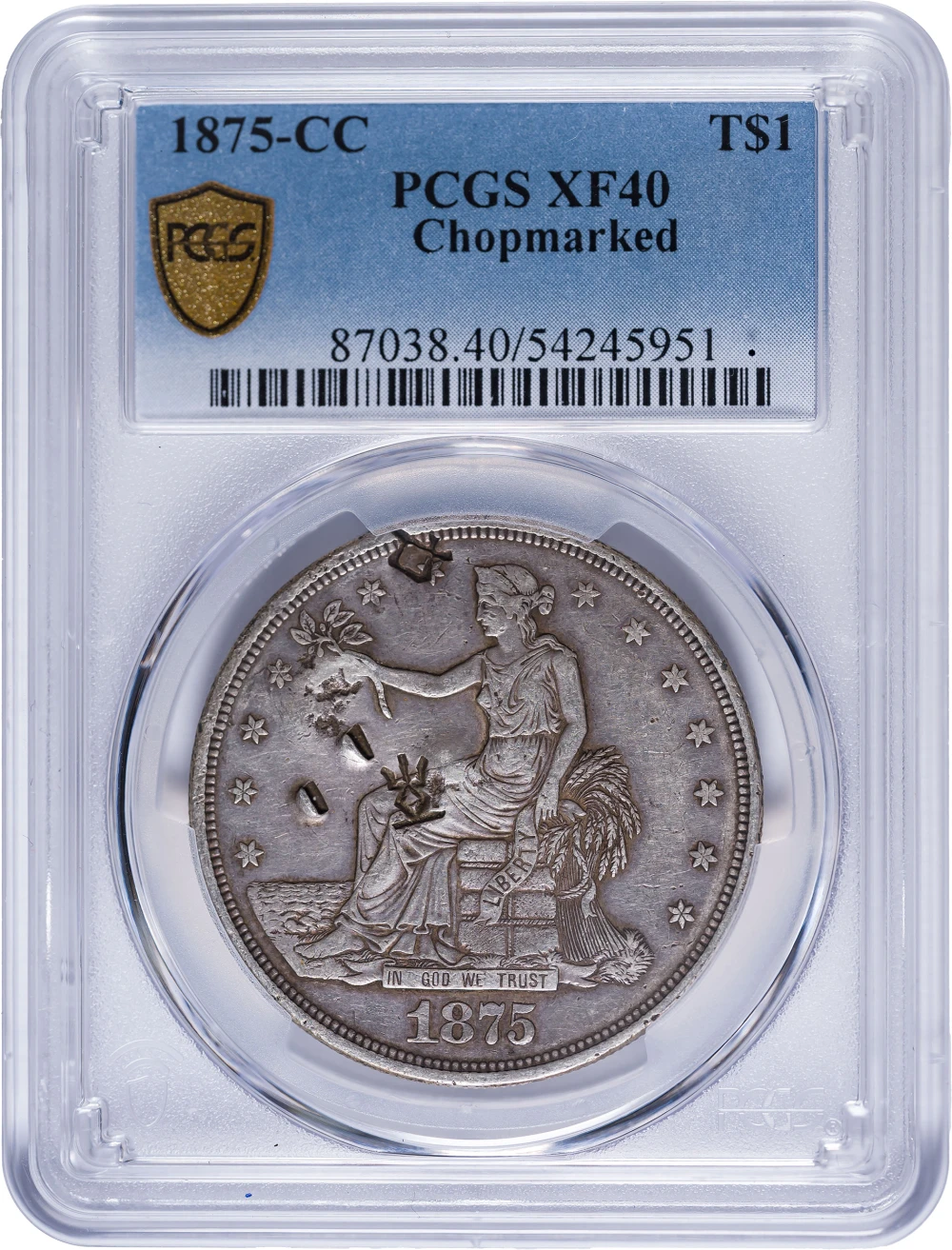 PCGS EF-40 1875-CC Chop Marked Trade Dollar