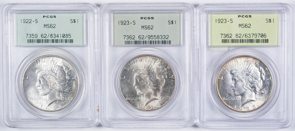 PCGS MS-62 "S" Mint Peace Dollar Trio