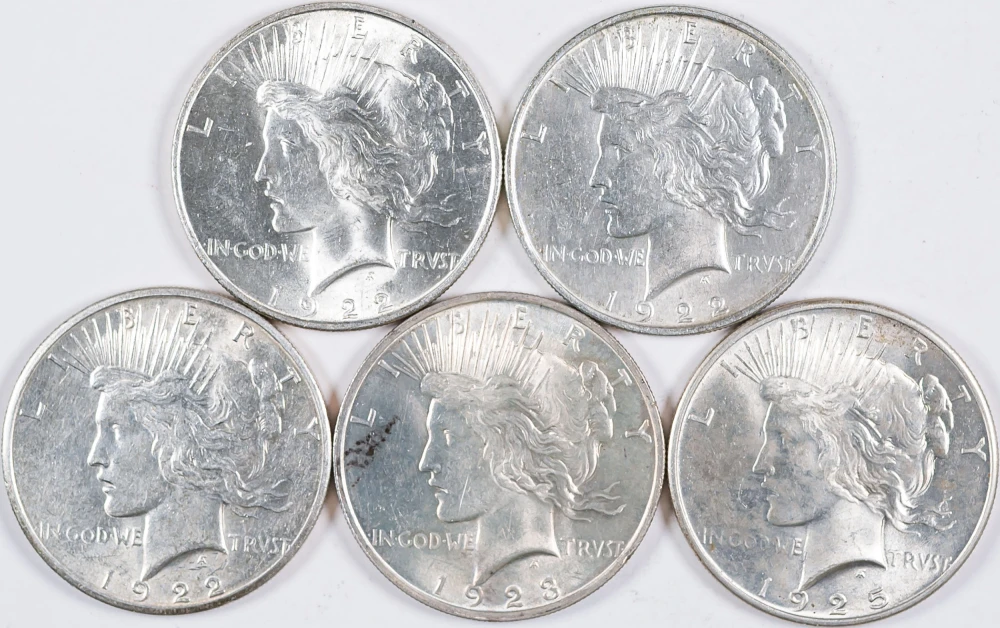 5 Pcs Mixed AU/BU Peace Dollars