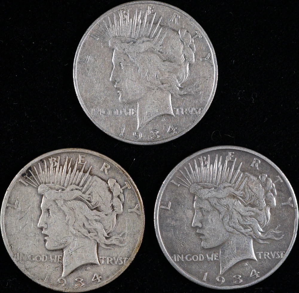 3 Pieces 1934-S Peace Dollars