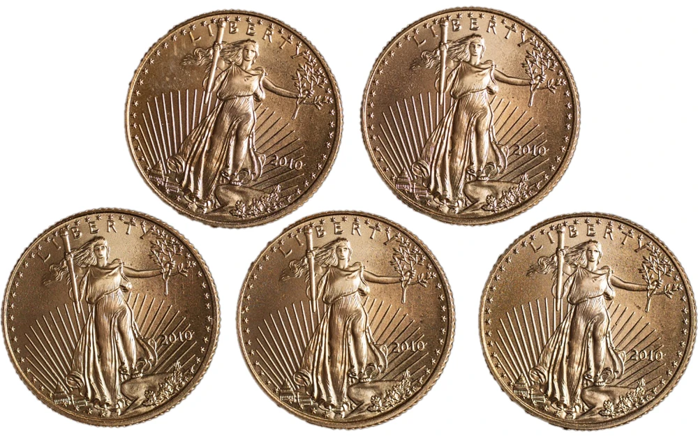 5 Pieces 2010 1/10 Ounce Gold Eagles