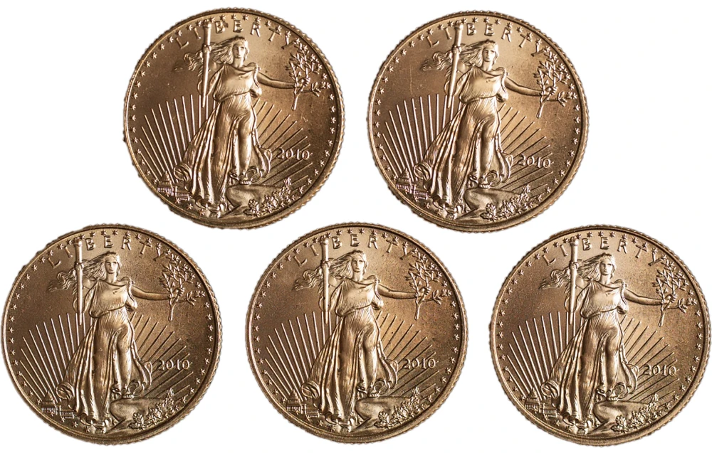 5 Pieces 2010 1/10 Ounce Gold Eagles