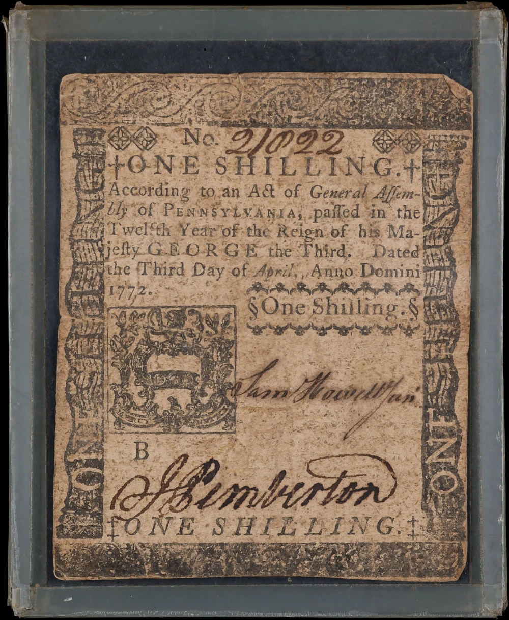 VF 1772 Pennsylvania One Shilling Note