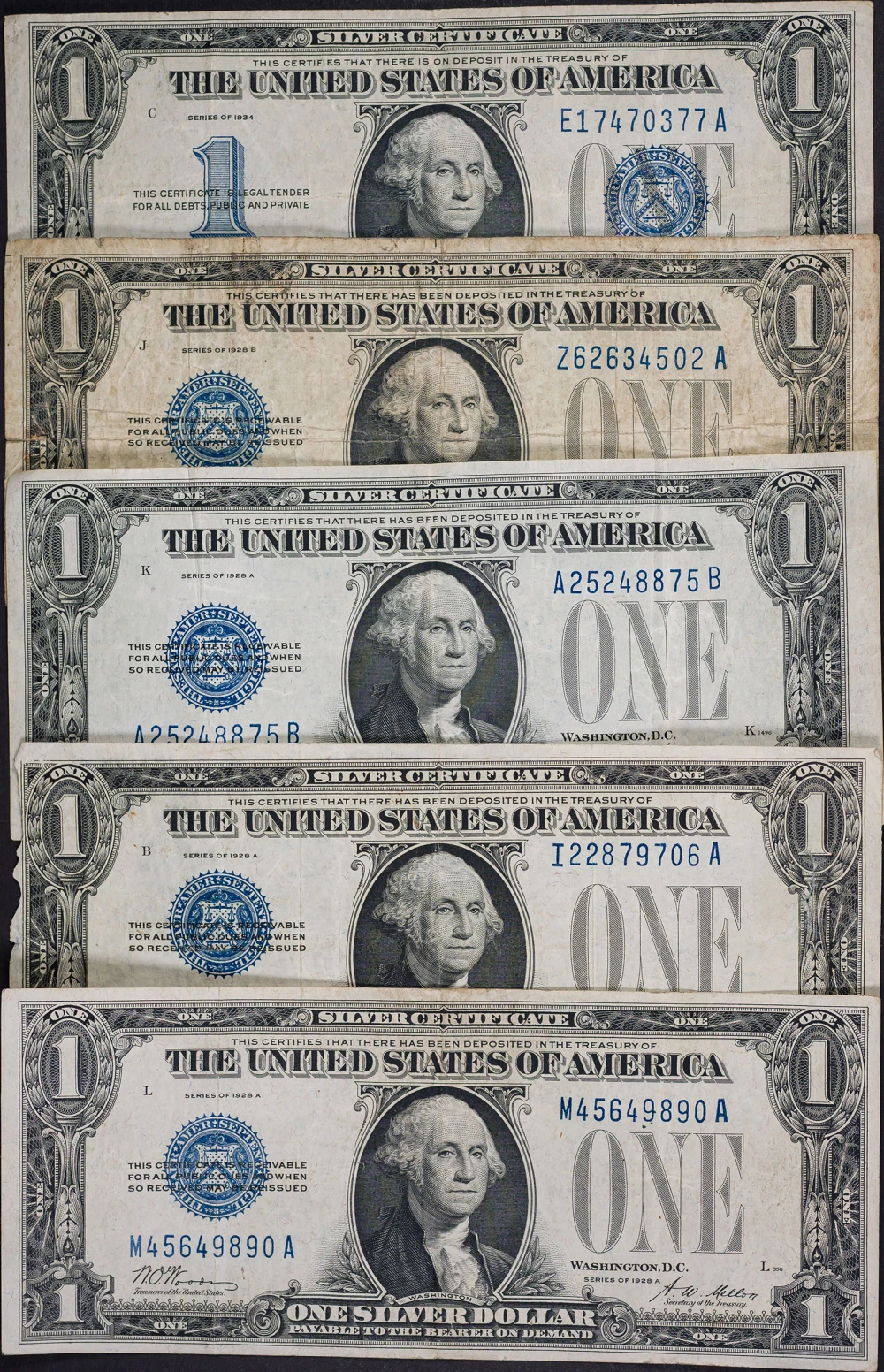 5 Pcs "Funny Back" $1 Silver Certificates