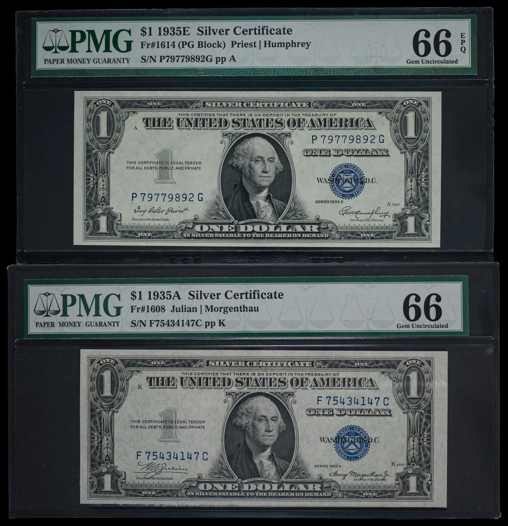 PMG Gem 1935A & 1935E $1 Silver Certificates