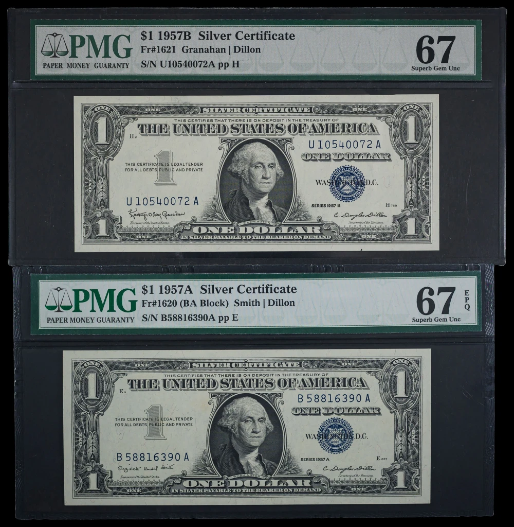 PMG Gem 1957 $1 Silver Certificate Duo