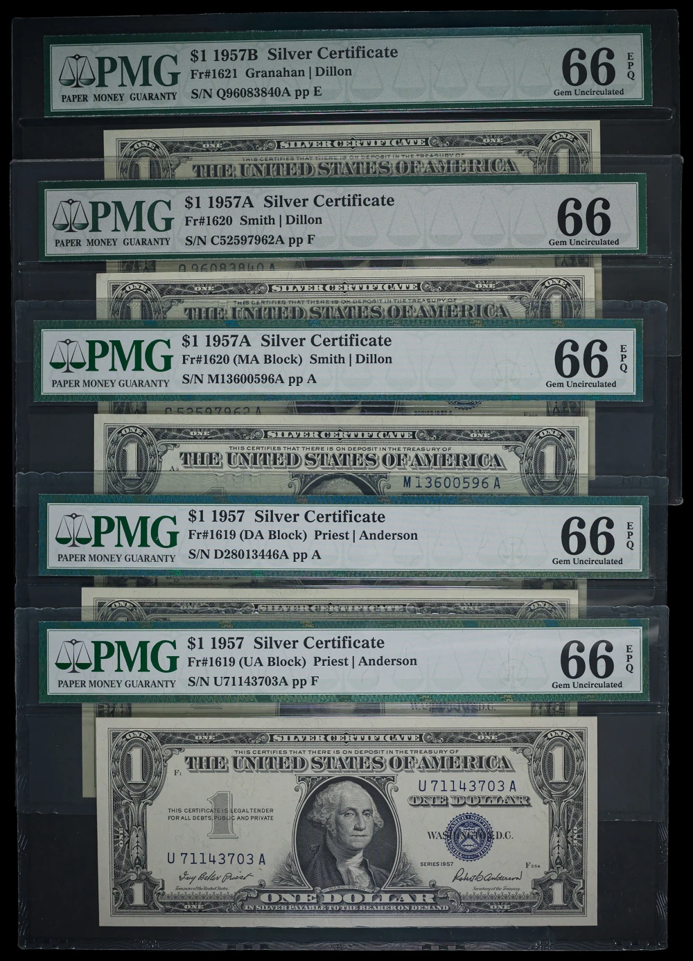 PMG Gem-66 1957 $1 Silver Certificate Quintet