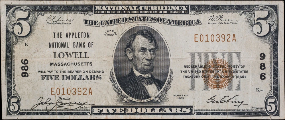 Nice VF 1929 Lowell MA $5 National
