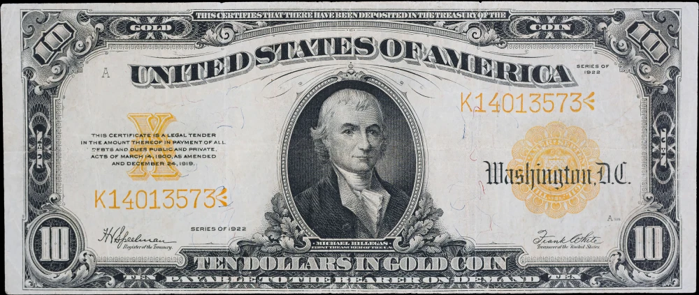 VF+ 1922 $10 Gold Certificate