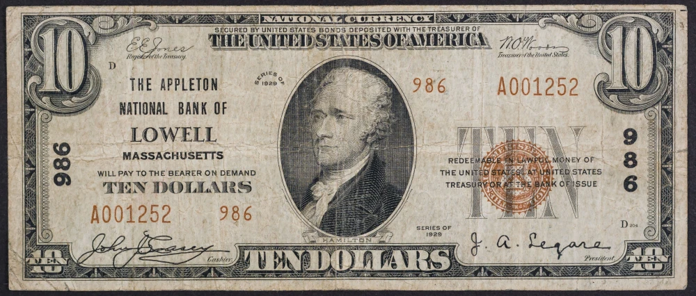F/VF 1929 Lowell MA $10 National Currency