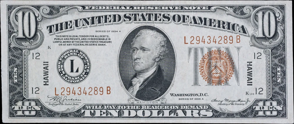 VF/EF 1934A $10 Hawaii Silver Certificate.