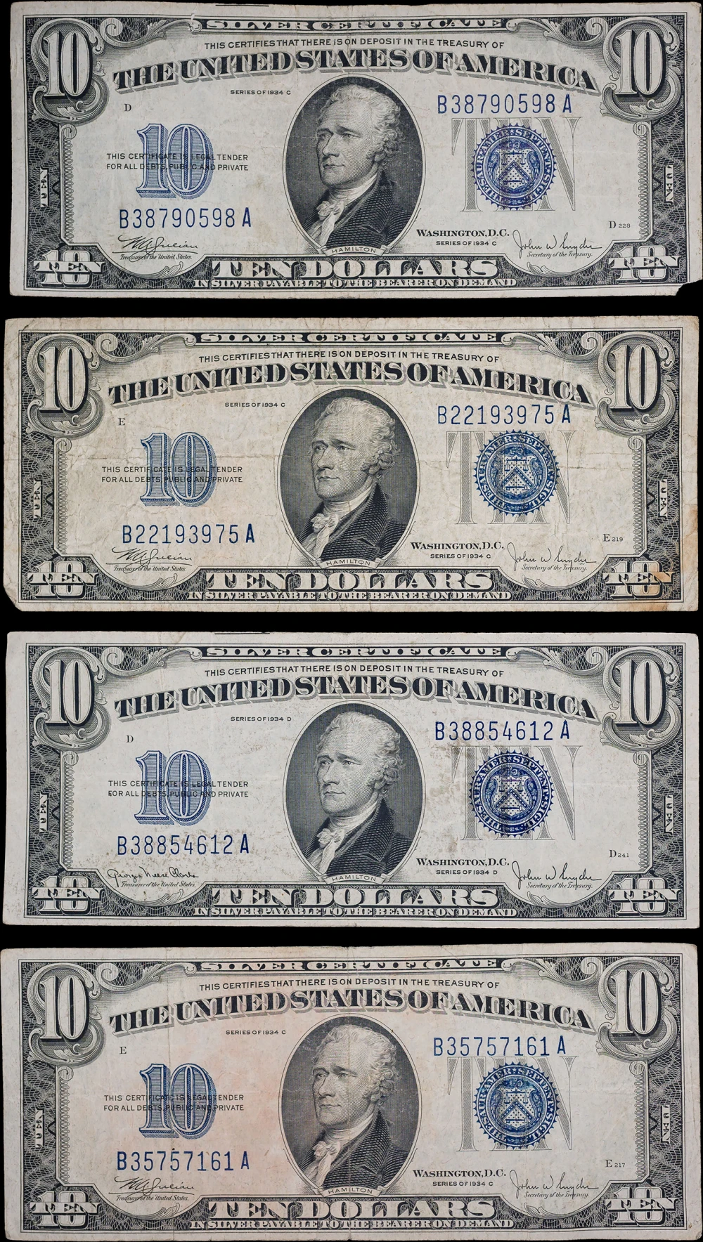 4 Pcs 1934 $10 Silver Certificates