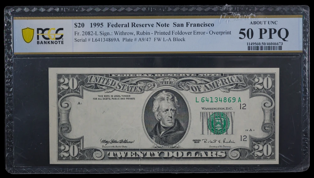 PCGS AU-50 PPQ 1995 $20 FRN Error