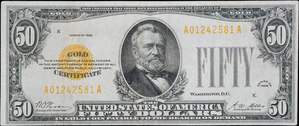VF+ 1928 $50 Gold Certificate