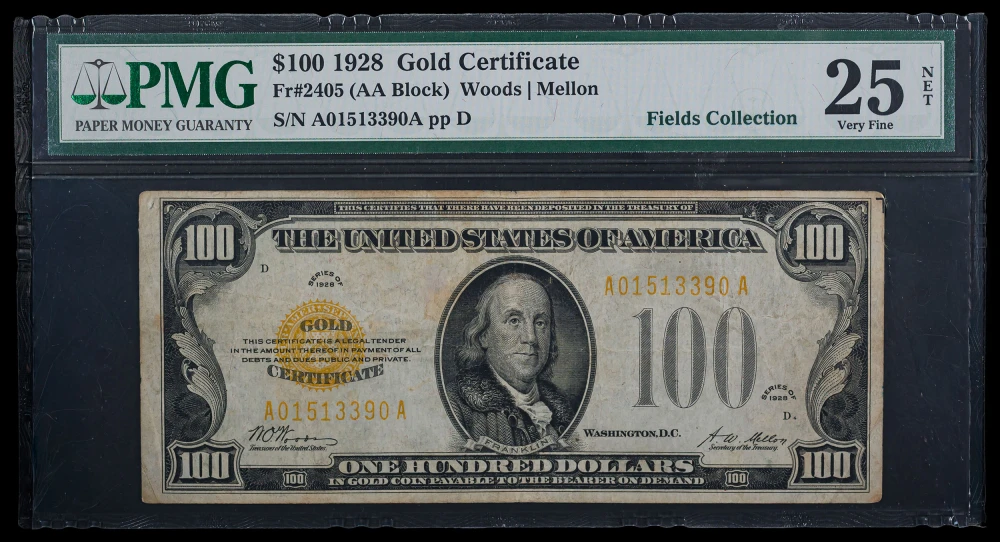 PMG NET VF-25 1928 $100 Gold Certificate